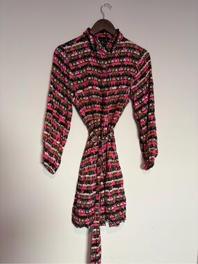 Emily Lovelock Heart Print Shirt Dress S Belted Mod 70s Dopamine